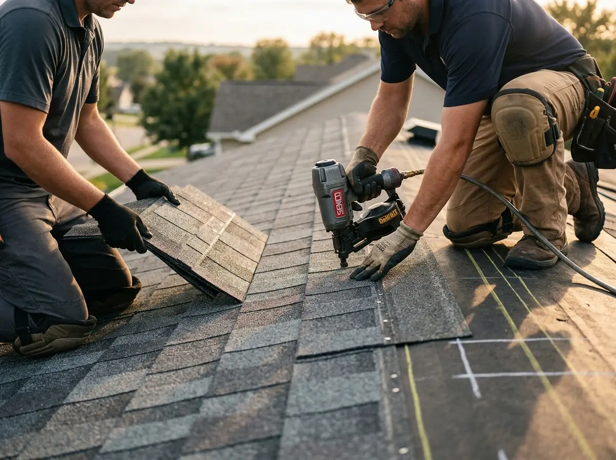Professional roofer working on a residential roof in Avocado Heights